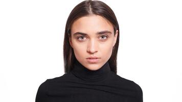 fiducioso femmina indossare nero dolcevita maglione mentre in posa foto
