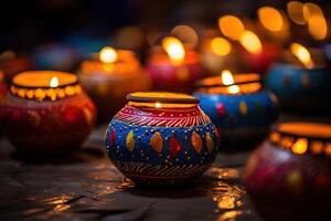 ai generato colorato argilla diya lampade illuminato durante Diwali celebrazione foto