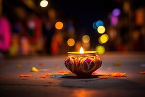 ai generato colorato argilla diya lampade illuminato durante Diwali celebrazione foto