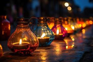 ai generato contento Diwali - diya olio lampade illuminato durante celebrazione foto