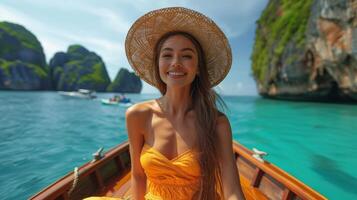 ai generato viaggiatore nel estate vestito godendo rilassante su il barca a maya spiaggia su phi phi isola, turismo Phuket, krabi, viaggio Tailandia, bellissimo destinazione Asia, estate vacanza all'aperto vacanza foto