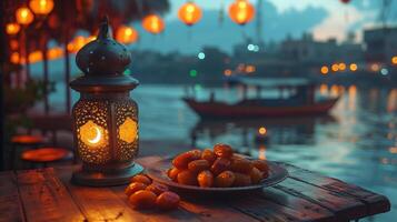 ai generato durante il musulmano festa di Ramadan kareem, Là è un' lanterna con un' Luna simbolo su superiore e un' piccolo piatto di date frutta con bokeh leggero e notte cielo nel il sfondo. foto