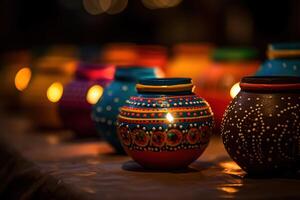 ai generato contento Diwali - argilla diya lampade illuminato durante Diwali foto