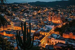 ai generato notte città con cactus nel il sfondo nel il città foto