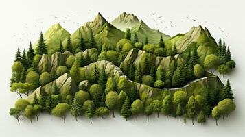 ai generato isolato verde montagne su bianca sfondo. 3d illustrazione di foresta montagne. foto