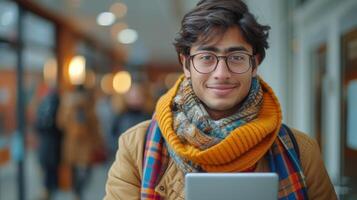 ai generato indiano giovane uomo utilizzando digitale tavoletta isolato su blu sfondo. sorridente etnico alunno tipo Tenere tampone e studiando o comunicare in linea o lettura e-book. foto