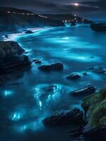 ai generato il della Cornovaglia costa bioluminescente mare. gratuito Scarica foto