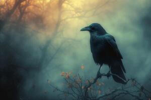 ai generato un' corvo si siede su un' ramo nel il nebbia foto