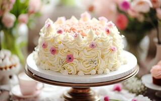 ai generato vaniglia eleganza scatenato. un' compleanno torta di squisito delizia. foto