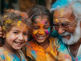 ai generato gioioso famiglia momenti a holi colore celebrazioni foto