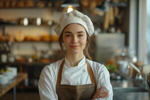 ai generato giovane femmina capocuoco con braccia attraversato in piedi nel ristorante cucina e sorridente foto