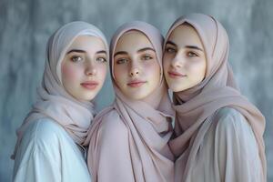 ai generato tre giovane donne nel hijab pose per un' foto nel il stile di leggero rosa e leggero grigio