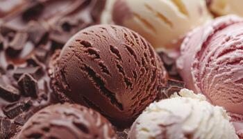 ai generato avvicinamento di delizioso ghiaccio crema gelato cioccolato sapori dolce foto