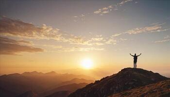 ai generato silhouette di un' uomo in piedi su superiore di un' montagna con il suo mani su a tramonto foto