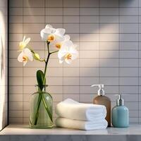 ai generato piegato asciugamano, bottiglia di liquido sapone e fiori su un' mensola nel il bagno foto