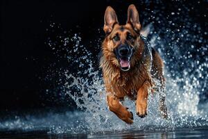 ai generato un' cane con un Aperto bocca salti su il acqua, raccolta spruzzi nel il di sole raggi foto