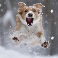 ai generato un' cane con un' grande Aperto bocca corre felicemente salto nel il neve foto