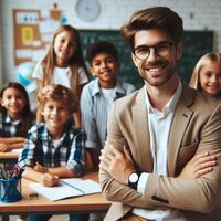 ai generato bello maschio professoressa insegnante con studenti in posa per servizio fotografico foto