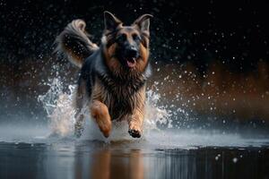 ai generato un' cane con un Aperto bocca salti su il acqua, raccolta spruzzi nel il di sole raggi foto