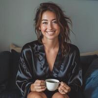 ai generato un' giovane bellissimo donna nel un' nero seta accappatoio si siede su un' buio blu divano. lei ha un' tazza di caffè nel sua mani foto