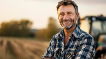 ai generato un' bello contadino nel un' plaid camicia, sorridente e guardare a il telecamera foto