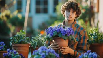 ai generato un' bello giovane giardiniere è Tenere un' pentola di violette nel il suo mani foto