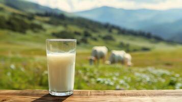 ai generato un' bicchiere di latte sta su un' di legno tavolo. dietro a è un' sfocato sfondo di un alpino prato su quale mucche pascolare foto