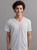 ai generato strada stile bianca maglietta modello con giovane uomo modello nel grigio sfondo ideale modello per Stampa design su casuale abbigliamento foto