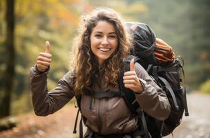 ai generato femmina escursionista dando pollici su con zaino su foto