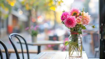 ai generato bellissimo rosa dalia fiori In piedi nel un' bicchiere vaso su il tavolo di un' ciglio della strada bar foto