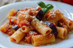 ai generato siciliano eleganza rigatoni alla norma con melanzana pomodori e ricotta salata su piastrelle modello foto