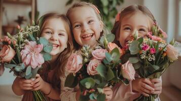 ai generato tre giovane ragazze ridere e Guarda a il telecamera. ogni di loro detiene un' grande mazzo di fiori nel loro mani foto