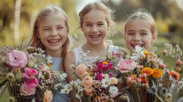 ai generato tre giovane ragazze ridere e Guarda a il telecamera. ogni di loro detiene un' grande mazzo di fiori nel loro mani foto