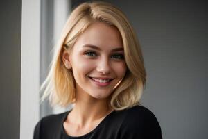 ai generato ritratto bellissimo bionda modello giovane donna con bianca denti Sorridi, salutare lungo capelli e bellezza pelle. concetto di pubblicità dentista e facciale cura. generativo ai foto