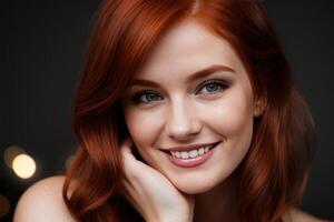 ai generato ritratto bellissimo testa Rossa modello donna con bianca denti Sorridi, salutare lungo capelli e bellezza pelle su buio sfondo. concetto di pubblicità dentista e facciale cura. generativo ai foto