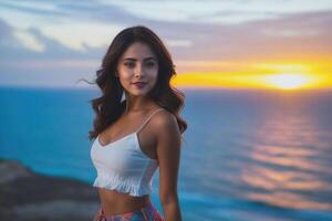 ai generato bellissimo giovane sorridente spagnolo brunetta donna su tramonto, mare e blu cielo su il sfondo. generativo ai foto