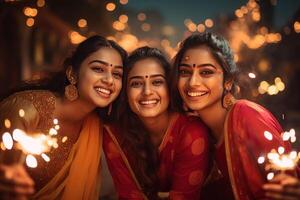 ai generato giovane bellissimo indiano donne a il Diwali celebrazione foto