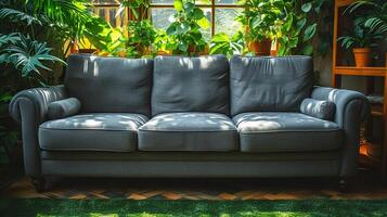 ai generato un elegante grigio divano con lussureggiante verde alberi e erboso prato è posto su un' soleggiato estate giorno nel un' giardino nel il Casa. foto