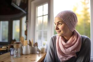 ai generato un' giovane bellissimo donna nel un' rosa sciarpa foto