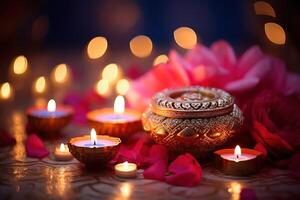 ai generato contento Diwali - diya lampade illuminato durante celebrazione foto