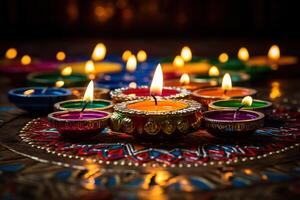 ai generato colorato lampada illuminato durante il celebrazione di Diwali foto