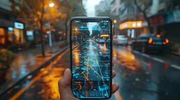 ai generato Augmented la realtà tecnologia essere Usato per navigazione e basato sulla posizione Servizi su mobile telefoni foto