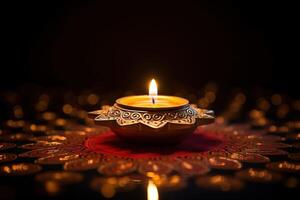 ai generato colorato diya lampade illuminato durante Diwali celebrazione foto