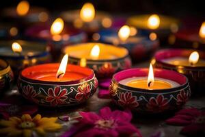 ai generato contento Diwali - argilla diya lampade illuminato durante Diwali foto