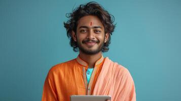 ai generato un indiano uomo utilizzando un' digitale tavoletta contro un' blu sfondo, sorridente, studiando o comunicare su il app, fare surf in linea, lettura e-book. foto