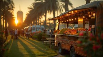 ai generato nel dubai, Emirati Arabi Uniti - marzo 26, 2016. cibo camion e vivere musica erano In primo piano come parte di il cibo camion marmellata a il Emirates golf club. foto