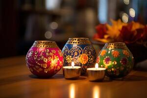ai generato contento Diwali - colorato argilla diya lampade illuminato durante Diwali celebrazione con copia spazio foto