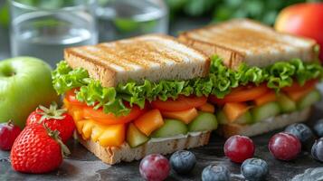 ai generato acqua, frutta, e Sandwich nel un' scuola sacco per il pranzo. foto