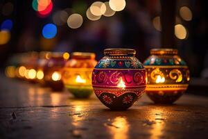 ai generato un' gruppo di decorativo indiano Diwali lampade foto