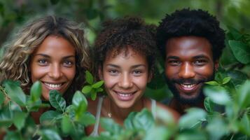 ai generato multirazziale attività commerciale persone Lavorando su un' sostenibile innovazione progetto - utilizzando verde rinnovabile energia concetti - focalizzata su il sinistra lato di il viso foto